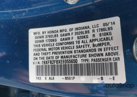 2014 Honda Civic Ex z USA, uszkodzony, nr VIN 19XFB2F8XEE055650